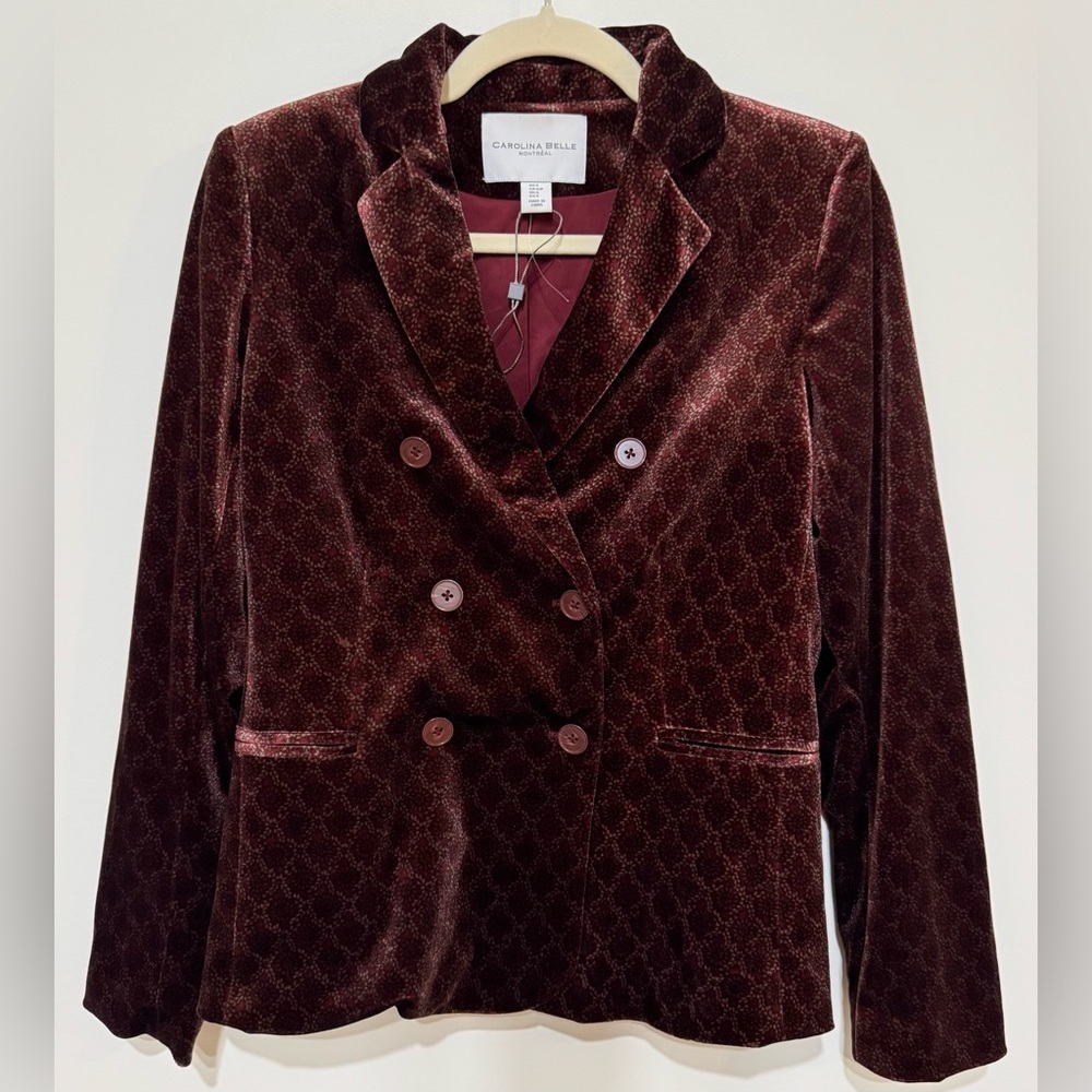 NEW Carolina Belle Women’s Burgundy Velvet Double-Breasted Blazer Size S